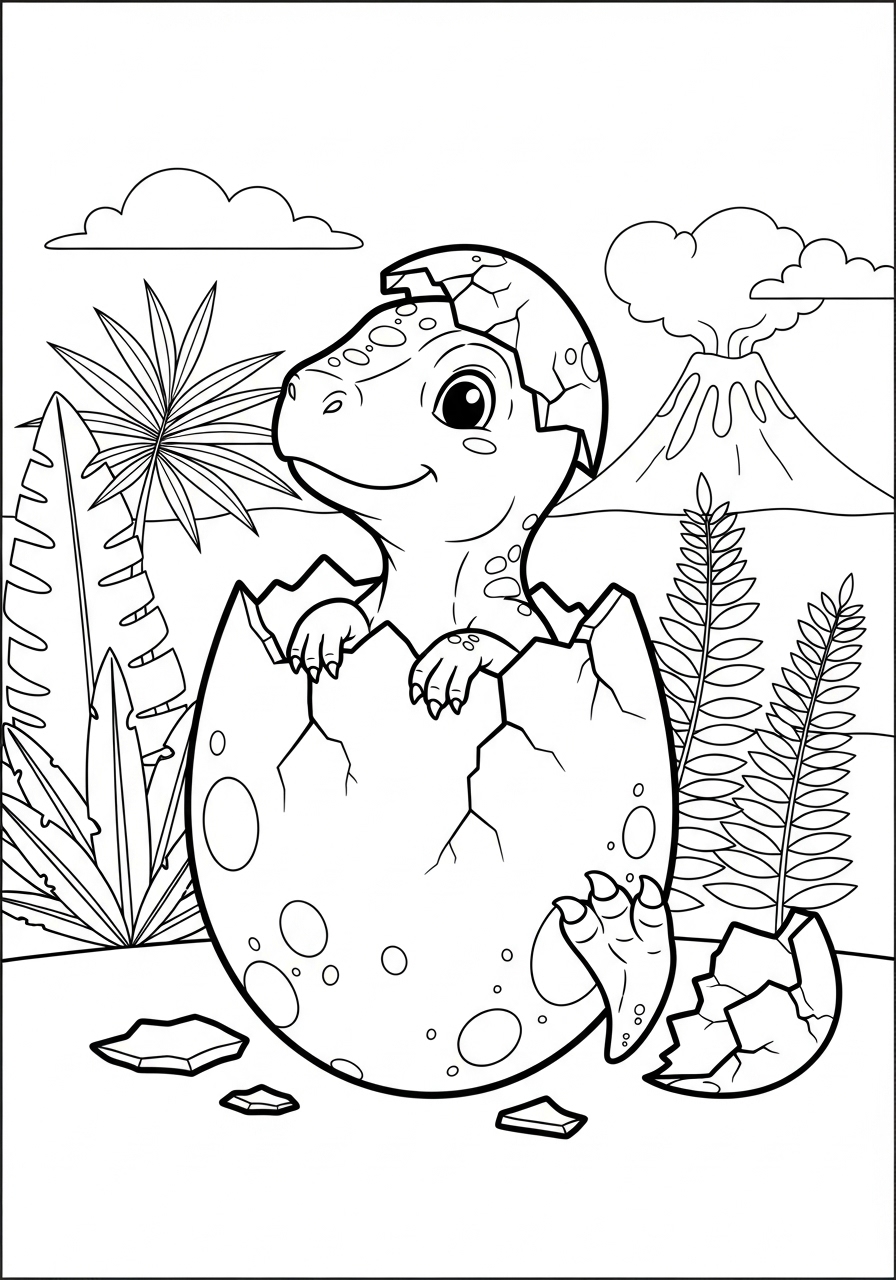 Desenho de Dinossauro saindo do ovo para imprimir e colorir