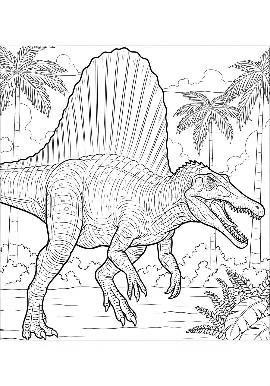 Desenho do Dinossauro Spinosaurus em fundo tropical para colorir