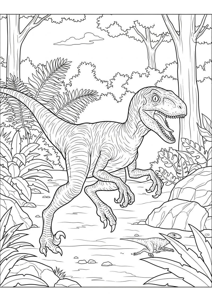 Desenho do Dinossauro Velociraptor na floresta para colorir