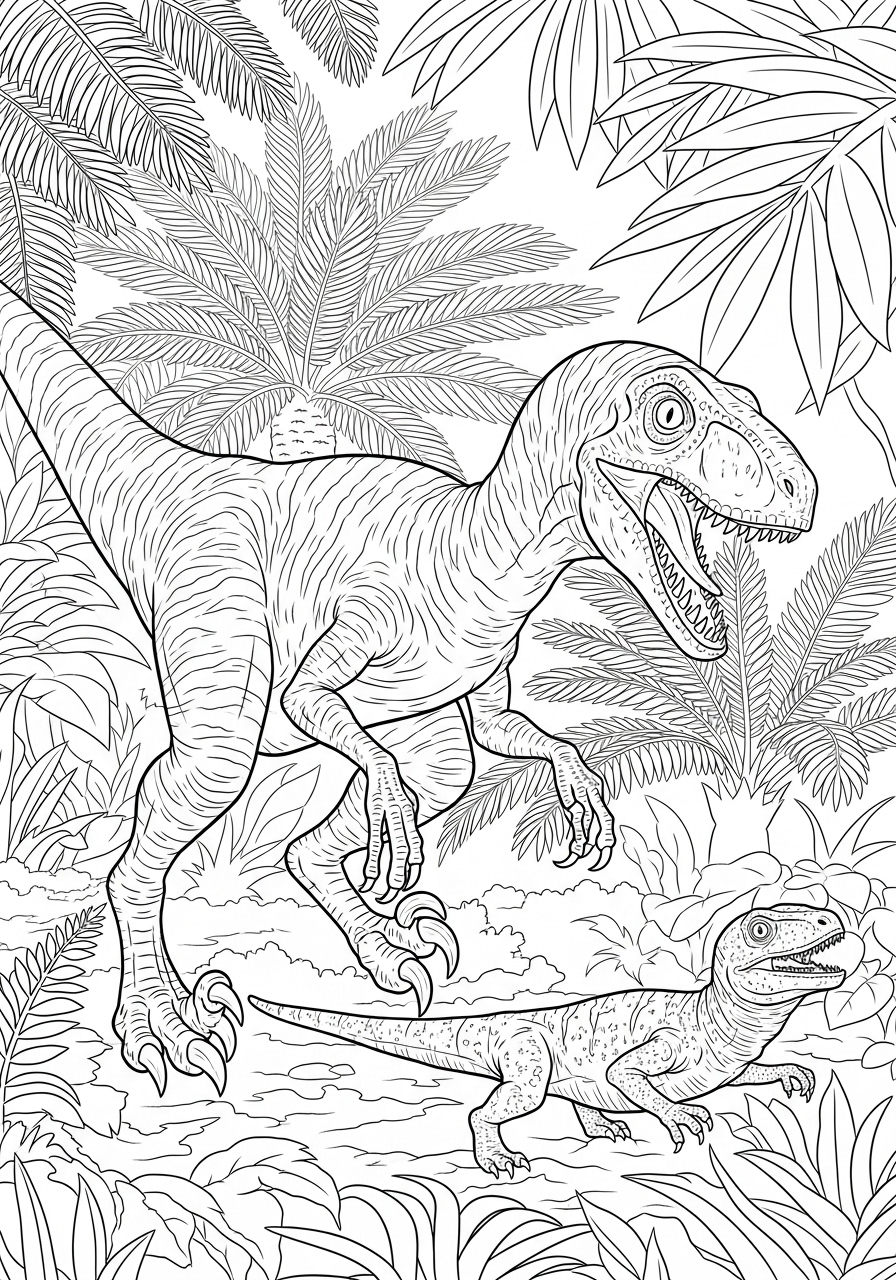 Desenho do Dinossauro Velociraptor na floresta para colorir