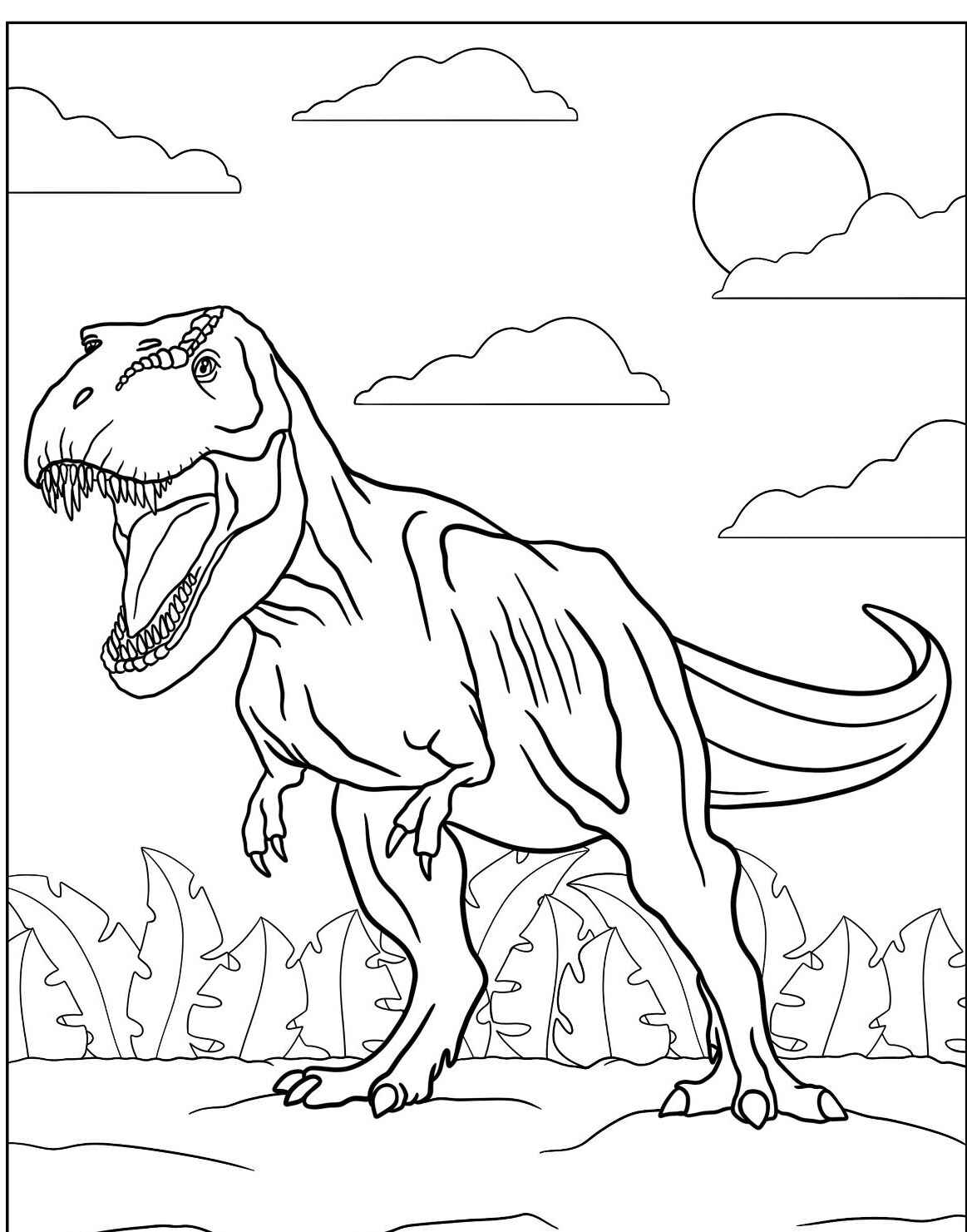 Desenho do Dinossauro T-Rex em pé entre nuvens para colorir