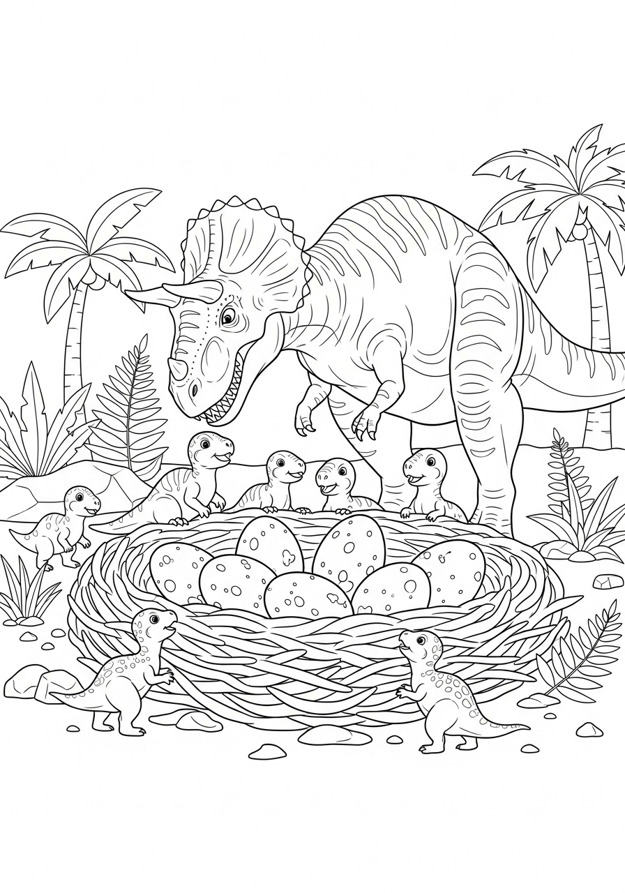 Desenho de Dinossauro Tricerátopo e filhotes para colorir