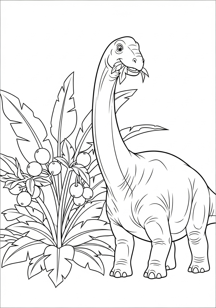Desenho de Dinossauro Brachiosaurus com plantas para colorir