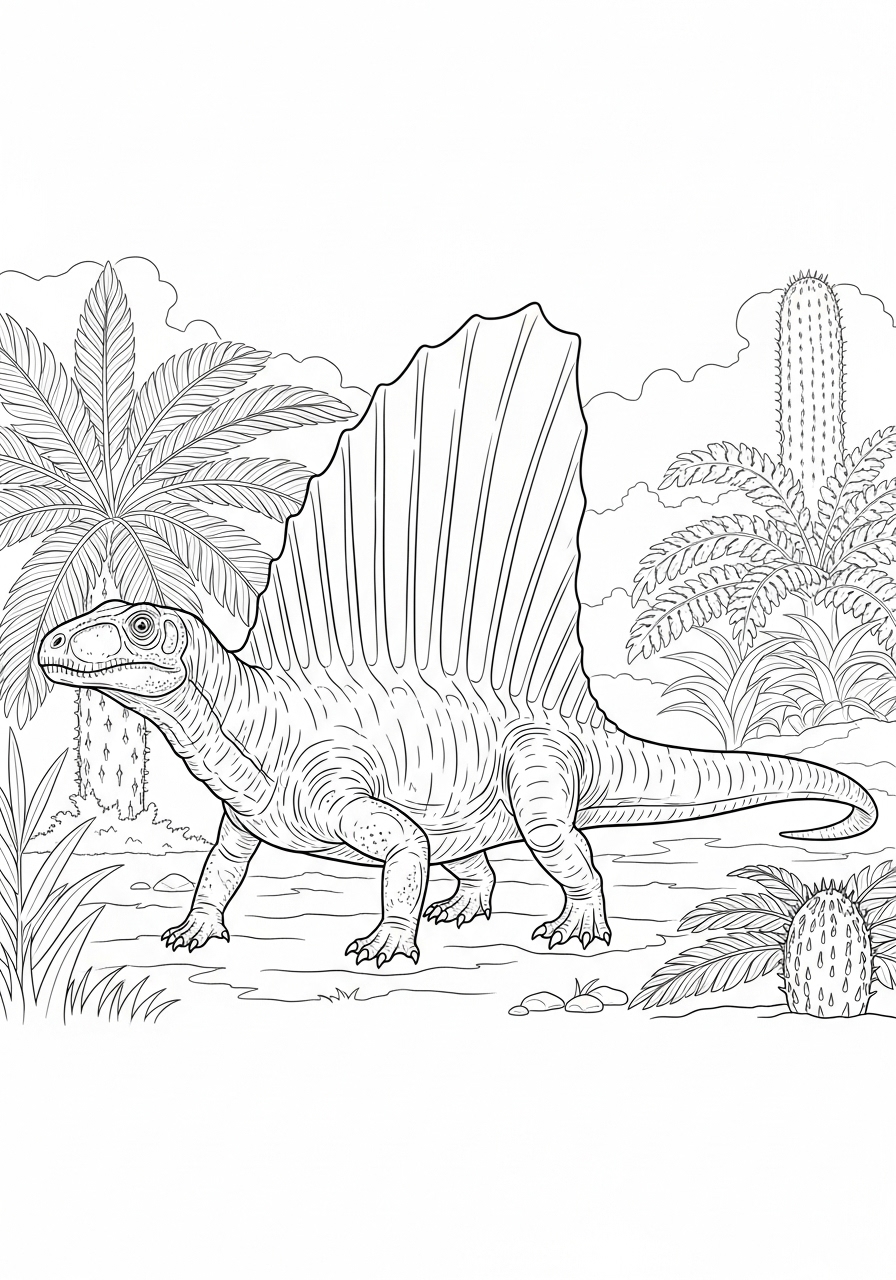 Desenho do Dinossauro Spinosaurus na selva para colorir