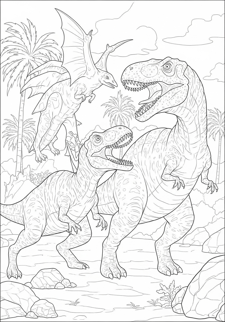 Desenho de Dinossauros T-Rex e Pterossauro para colorir