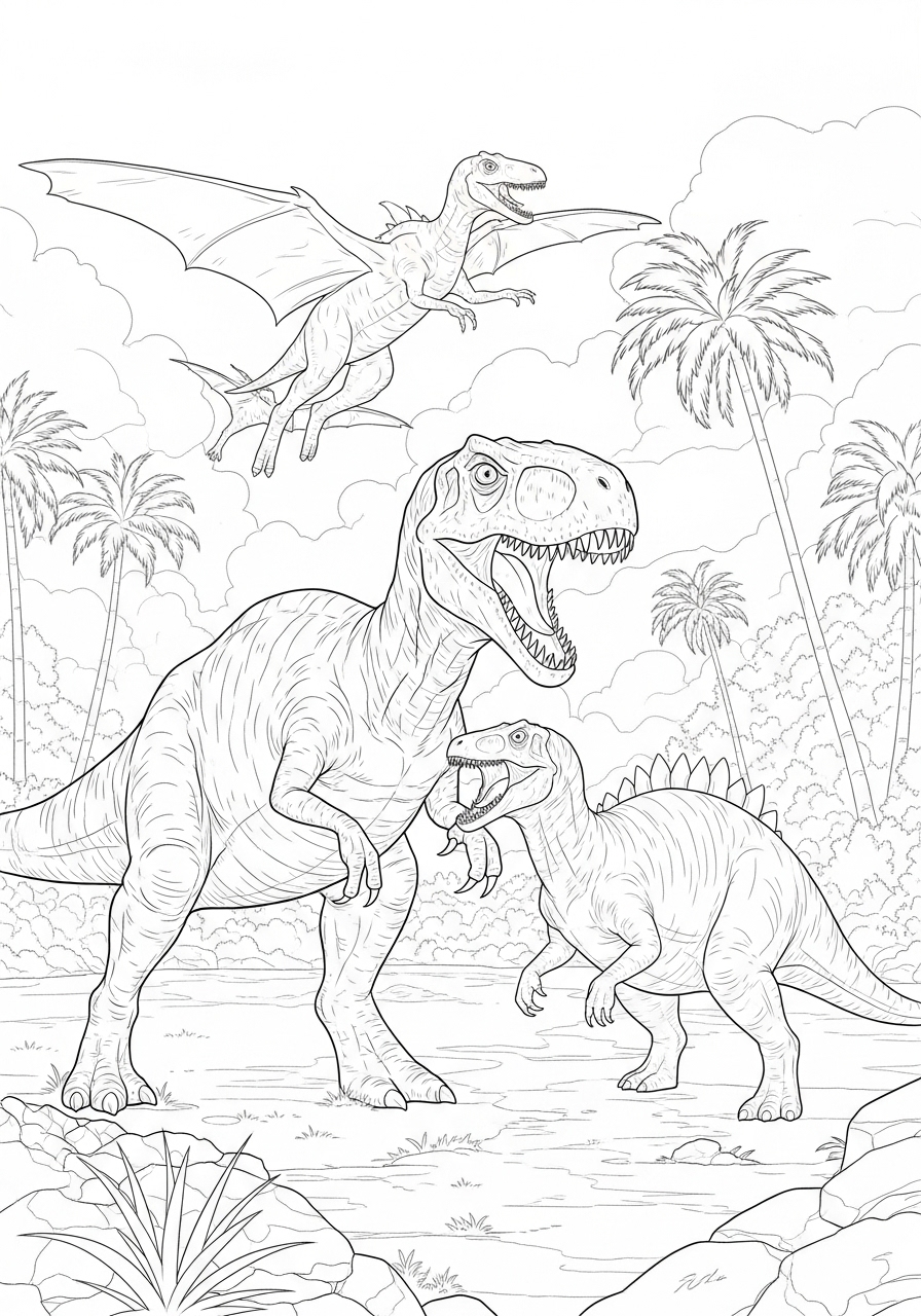 Desenho de Dinossauros T-Rex e Velociraptor para colorir