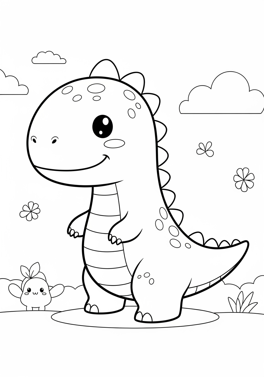 Desenho de Dinossauro fofo sorrindo para imprimir e colorir