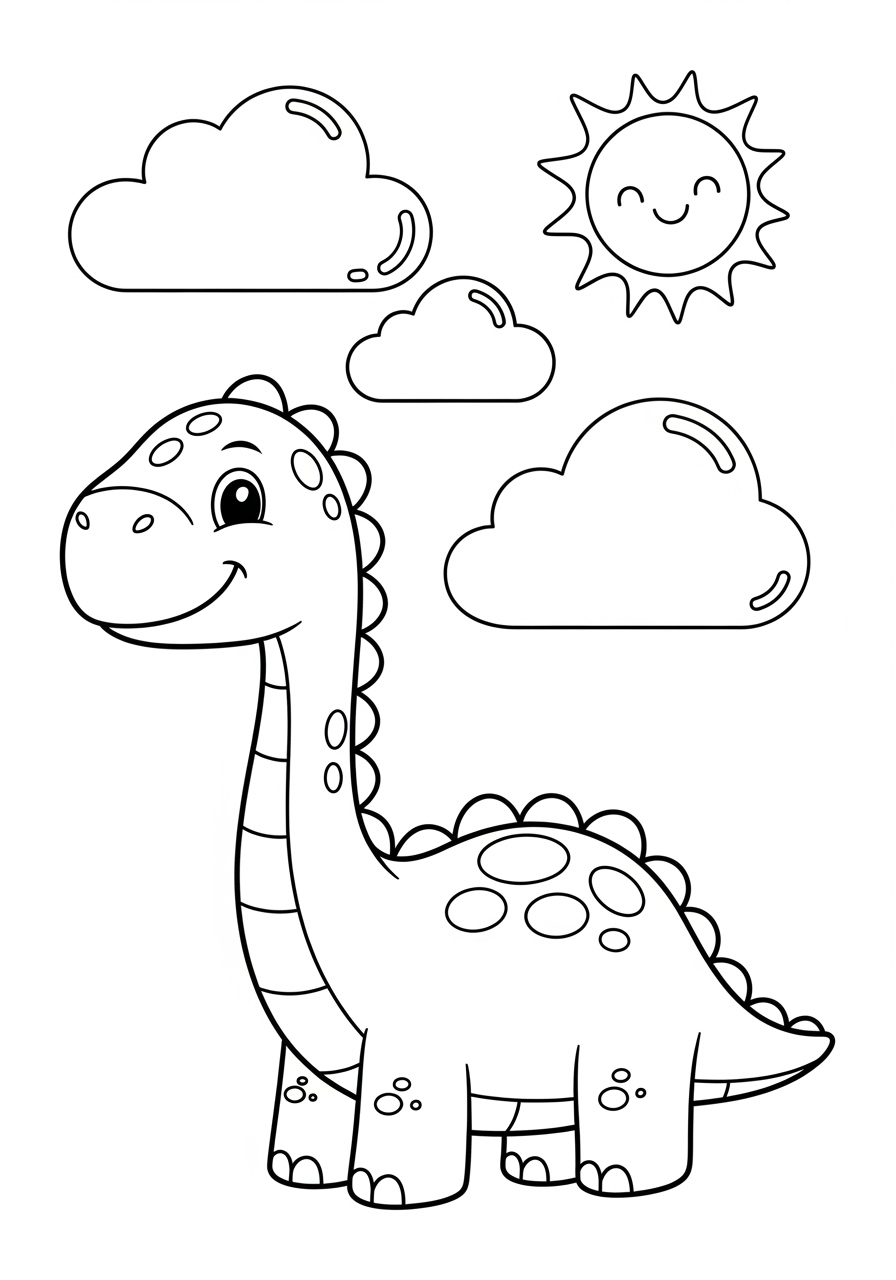 Desenho de um dinossauro amigável com nuvens e sol para colorir
