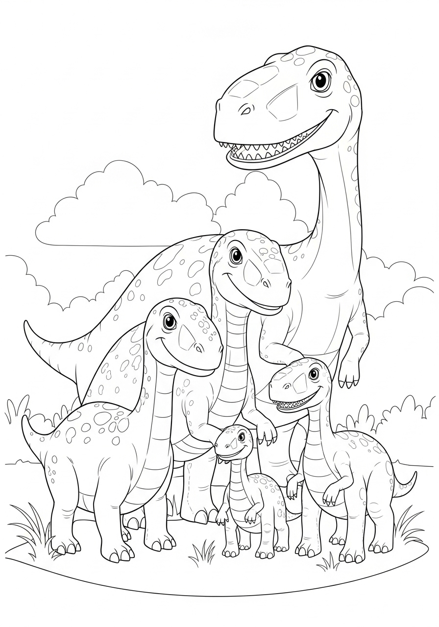 Desenho de dinossauros em grupo para imprimir e colorir