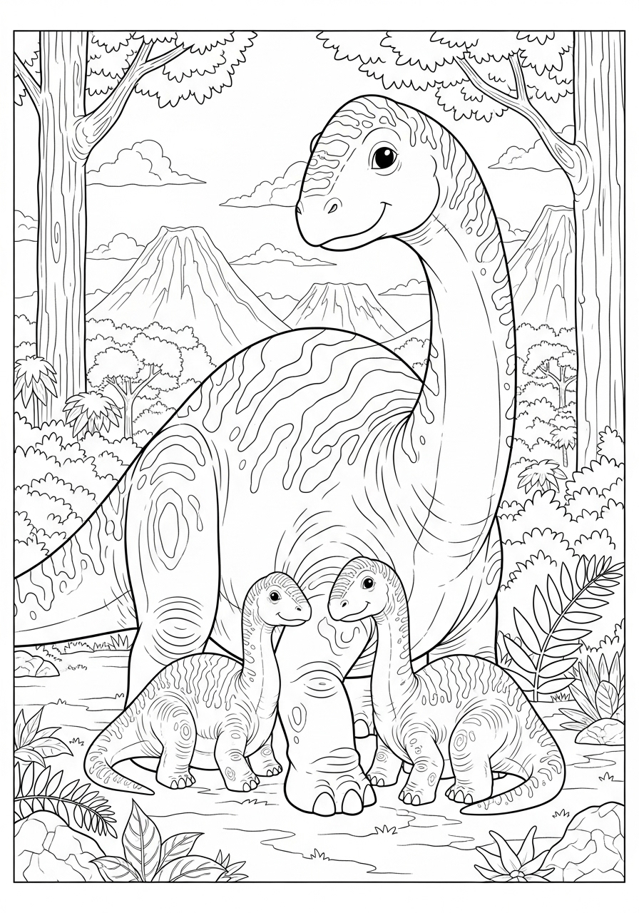 Desenho de Dinossauro Brachiosaurus com filhotes para colorir