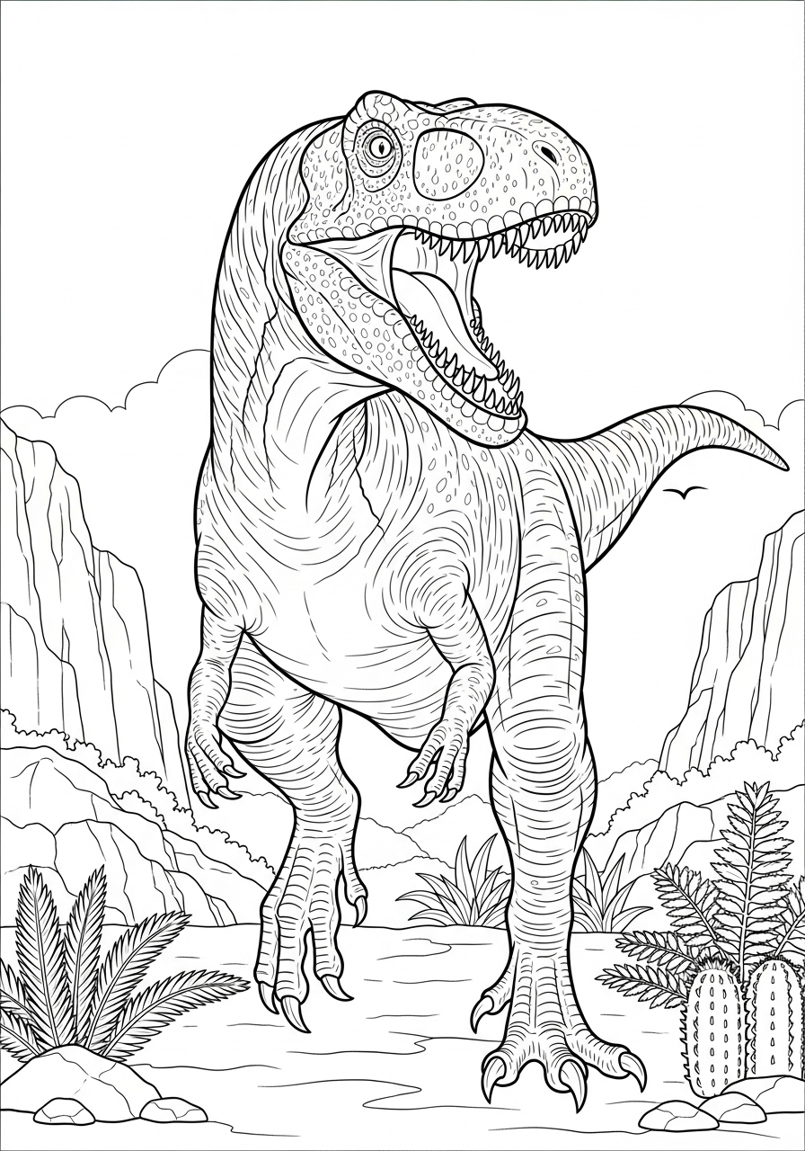 Desenho do Dinossauro T-Rex em paisagem para imprimir e colorir