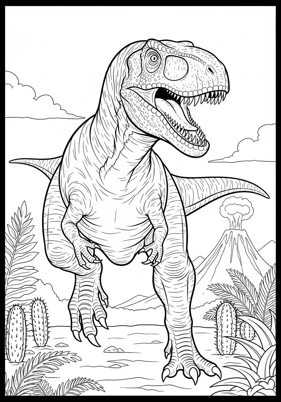 Desenho do Dinossauro T-Rex em paisagem para imprimir e colorir