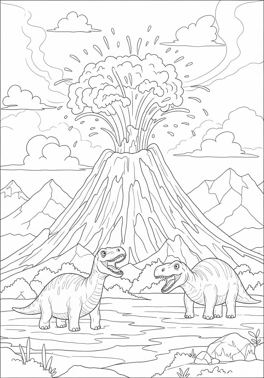 Desenho de dinossauros perto de um vulcão para imprimir