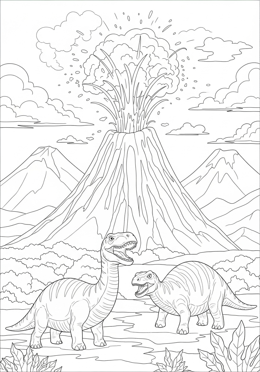 Desenho de Dinossauros diante de vulcão para imprimir e colorir
