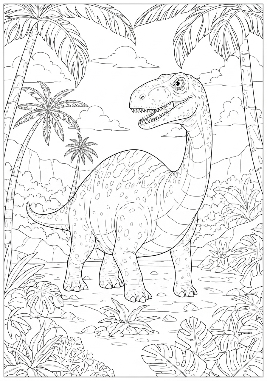 Desenho de Dinossauro em ambiente tropical para colorir