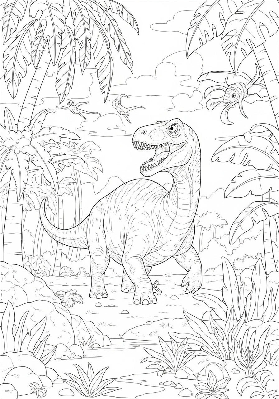 Desenho de Dinossauro em um ambiente de floresta para colorir
