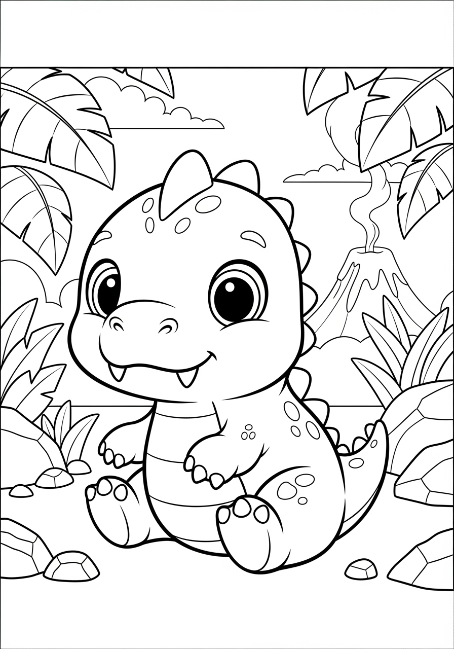 Desenho de Dinossauro fofo sentado entre folhas para colorir