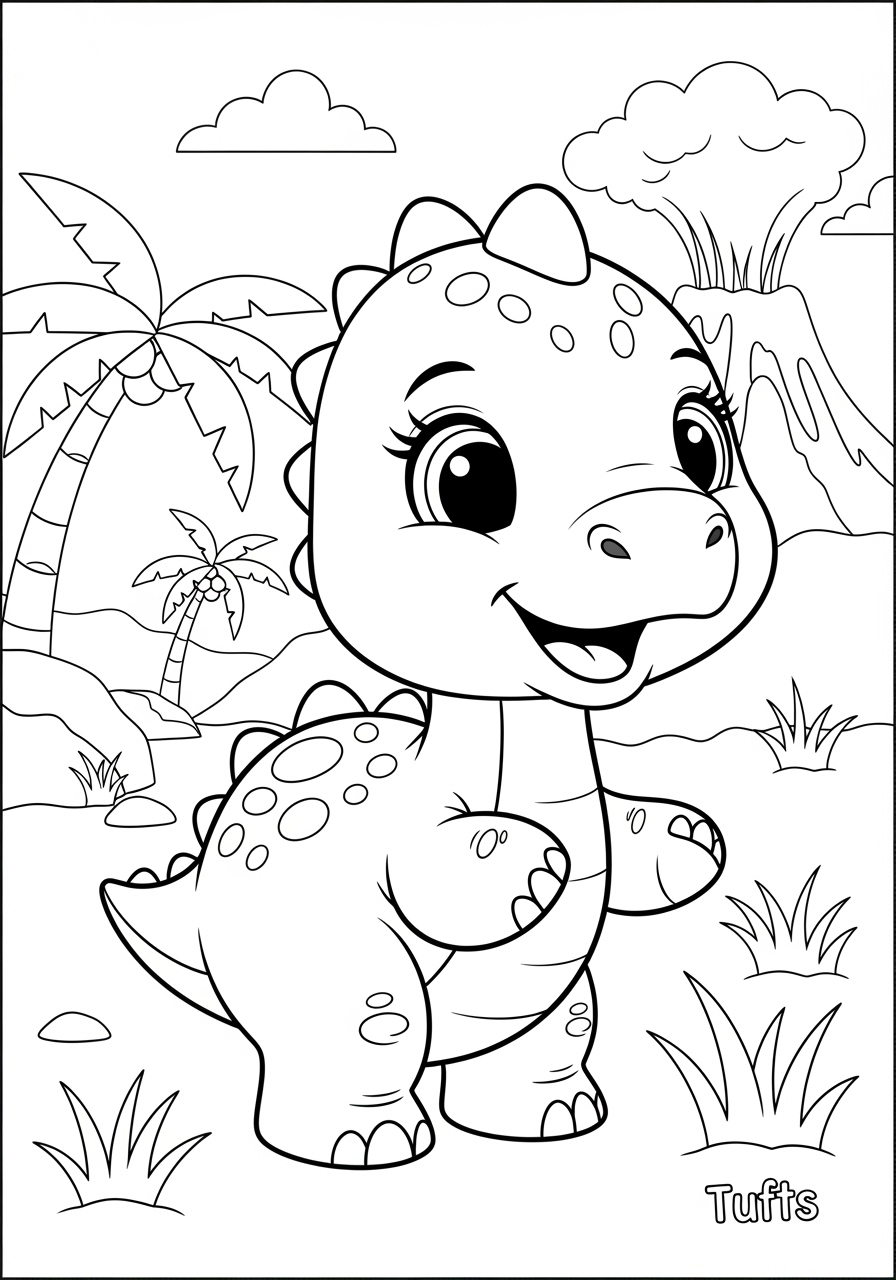 Desenho de Dinossauro sorridente em um ambiente pré-histórico
