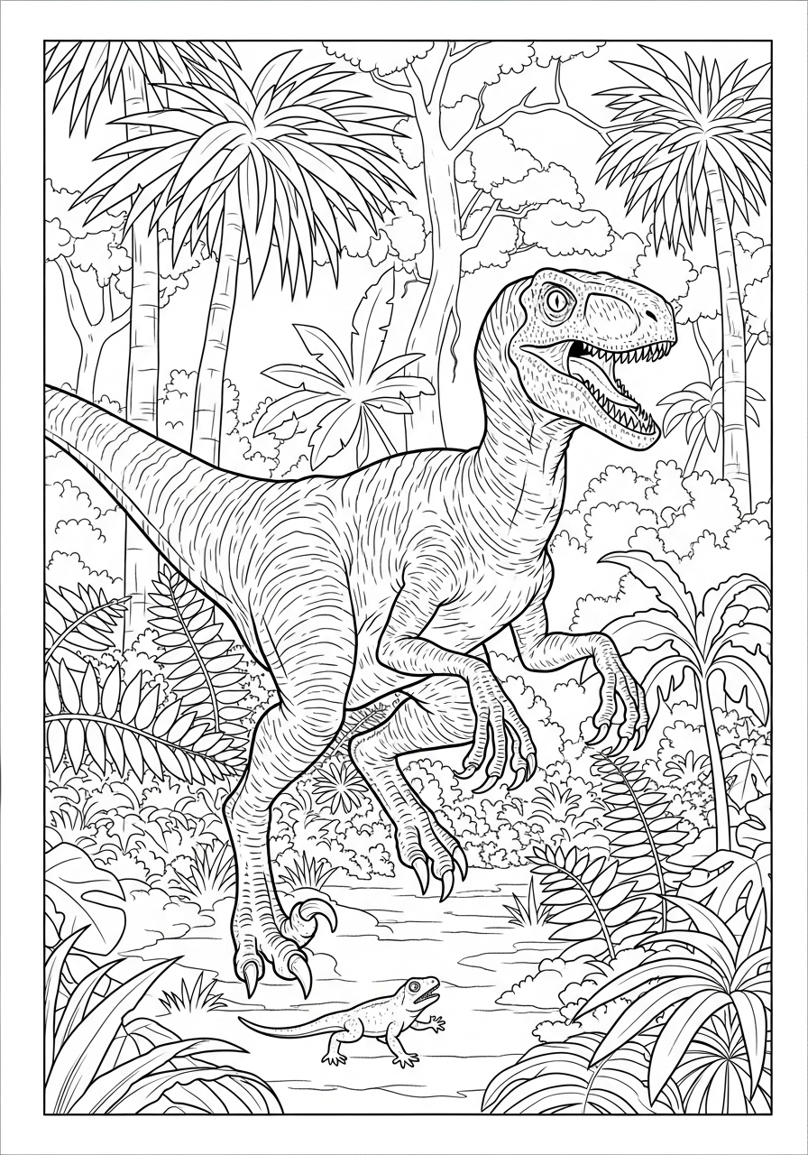 Desenho de Dinossauro Velociraptor em paisagem para colorir