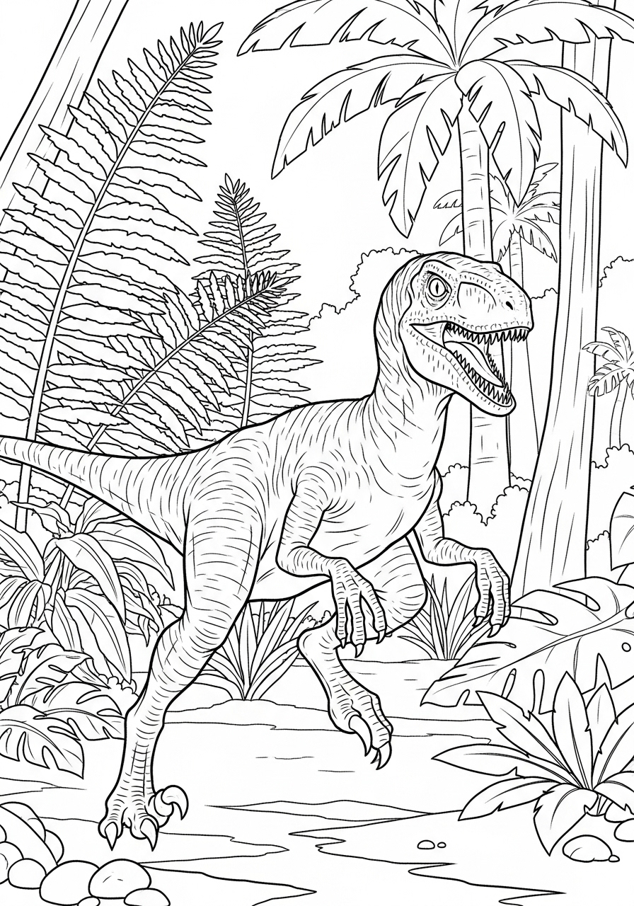 Desenho do Dinossauro Velociraptor na floresta para colorir