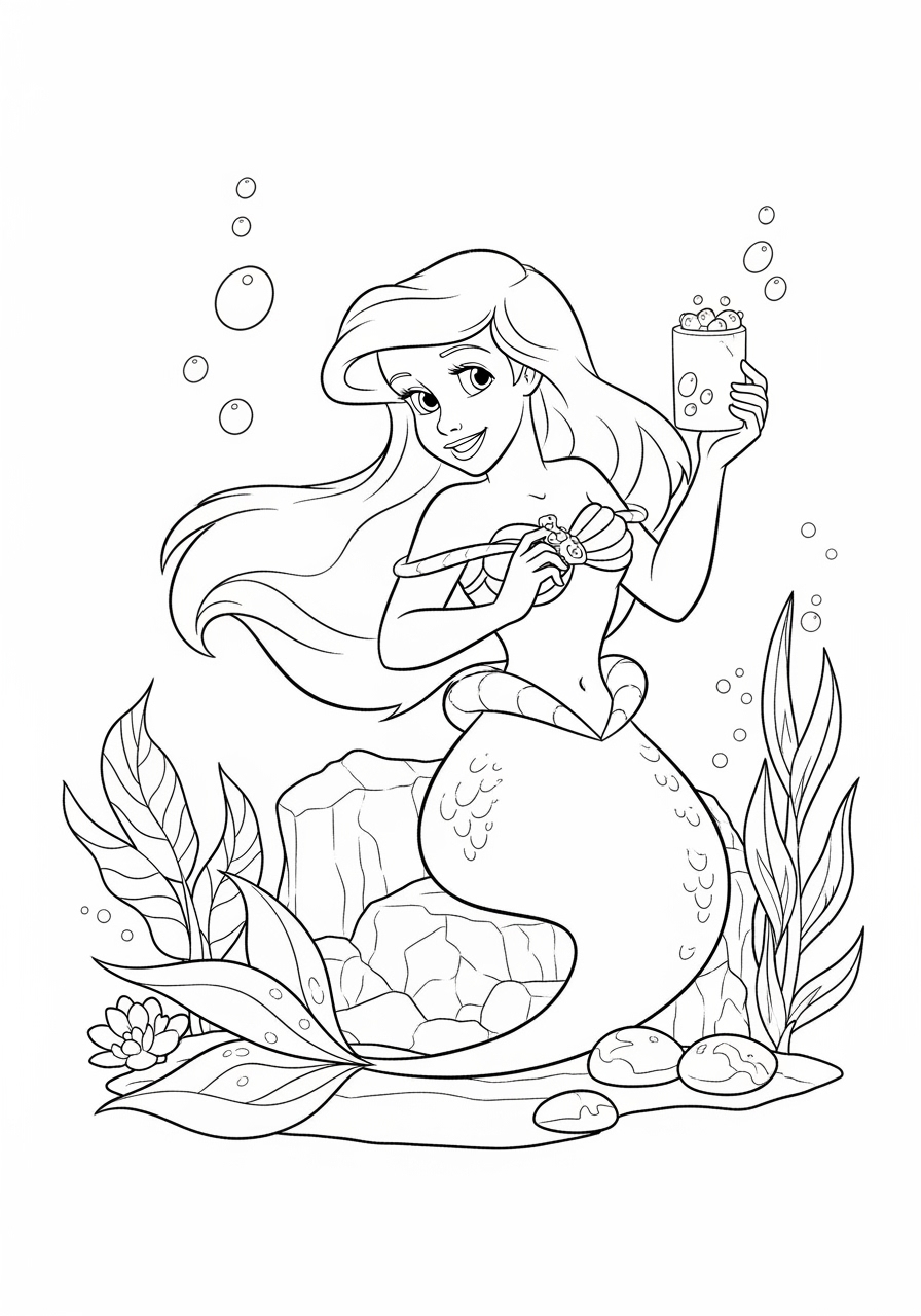 Desenho da Disney com a Ariel segurando um objeto para colorir