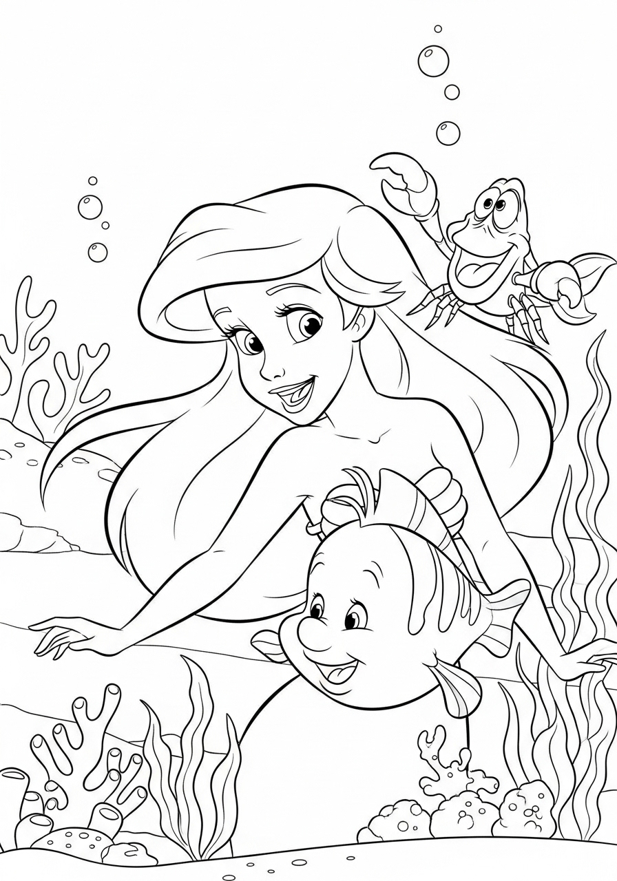 Desenho da Disney com a Ariel e amigos para colorir