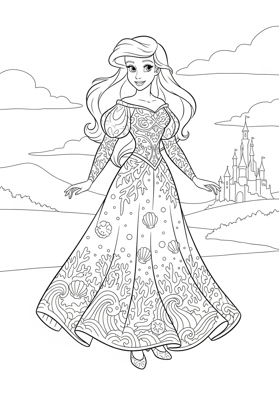Desenho da Disney da Ariel com vestido para colorir
