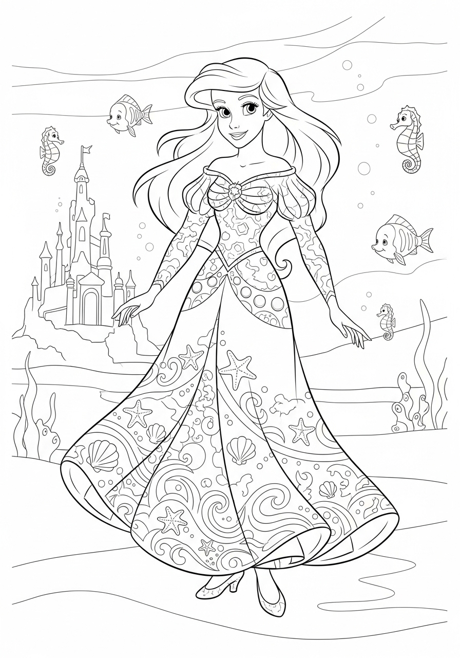 Desenho da Disney com a Ariel e castelo do mar para colorir
