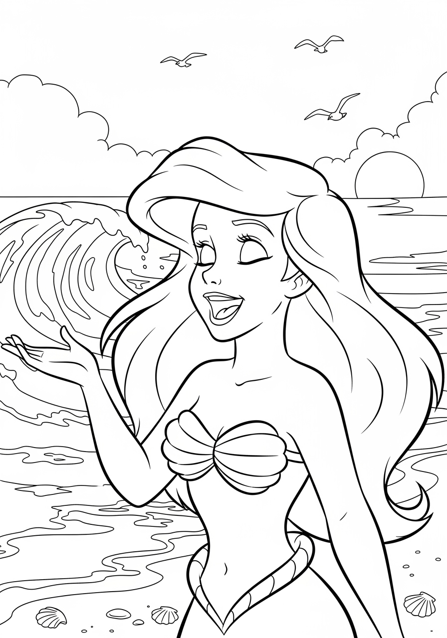 Desenho da Disney com a Ariel na praia para colorir