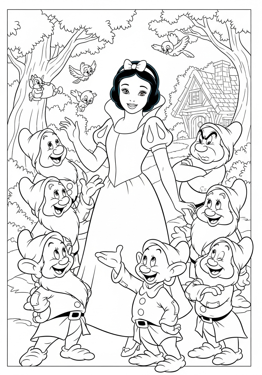 Desenho da Disney com a Branca de Neve e os Sete Anões