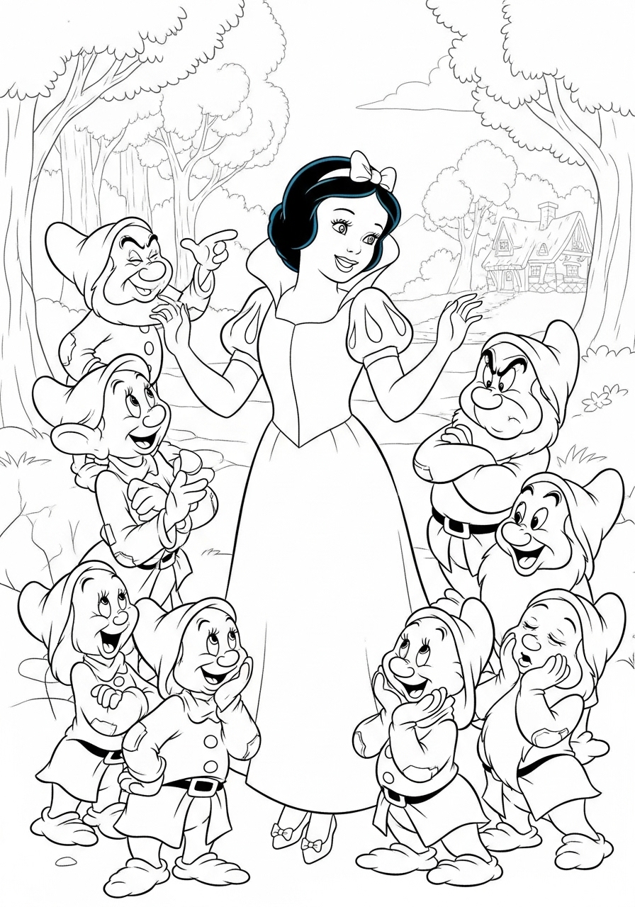 Desenho da Disney com a Branca de Neve e os sete anões