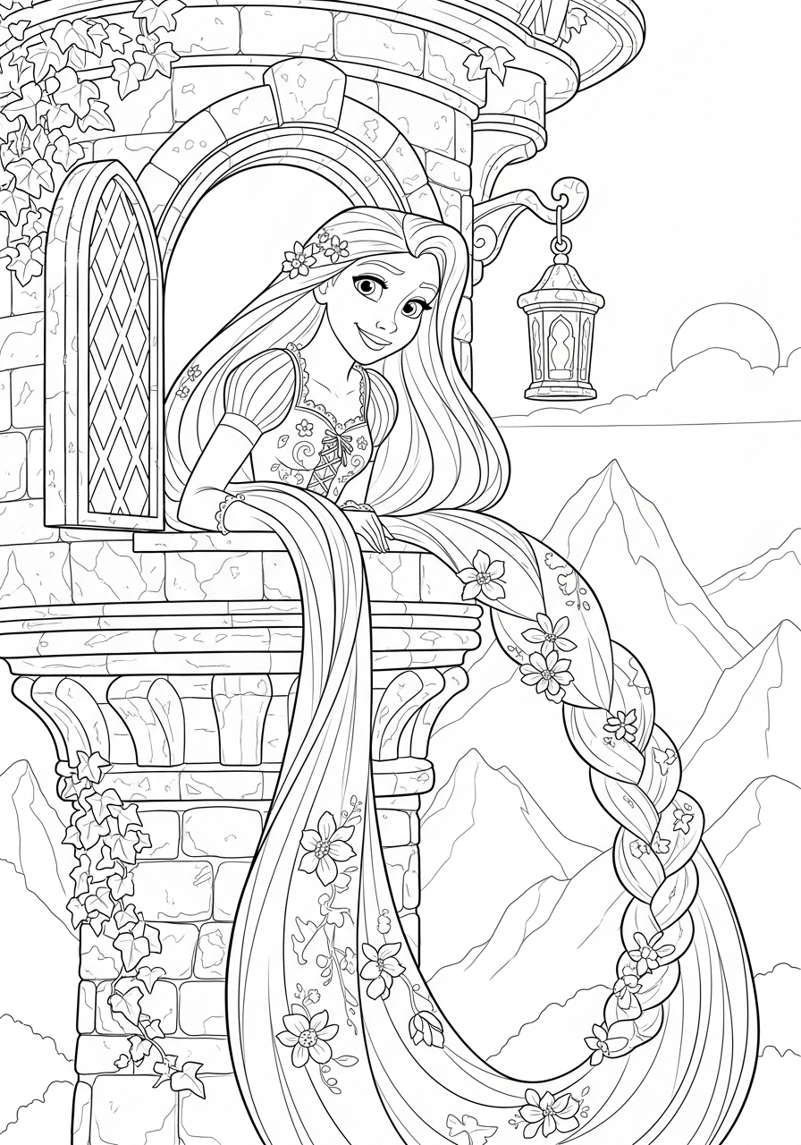 Desenho da Disney com Rapunzel na torre para colorir