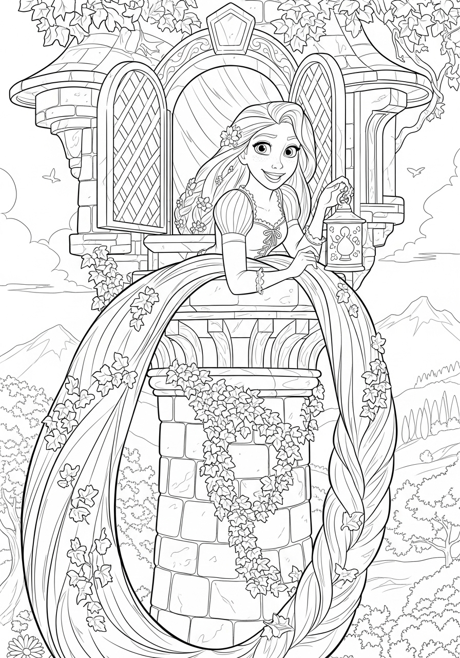 Desenho da Disney da Rapunzel na torre para colorir