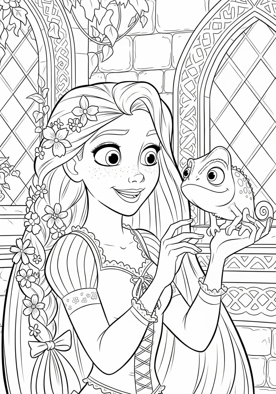Desenho da Disney com Rapunzel e seu camaleão para colorir