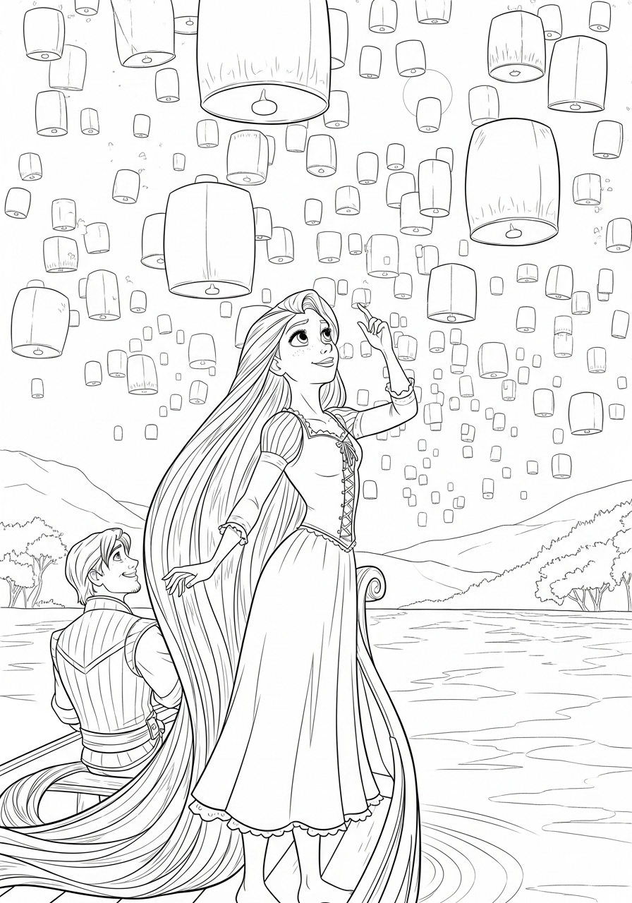 Desenho da Disney da Rapunzel soltando lanternas para colorir