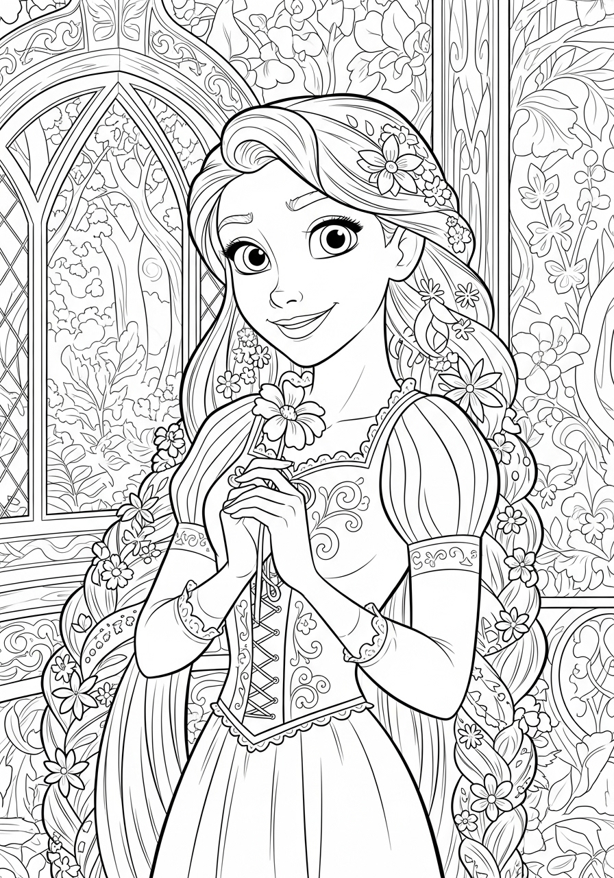 Desenho da Disney com a Rapunzel segurando uma flor para colorir