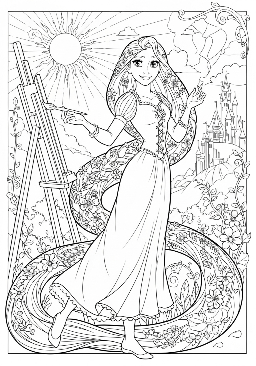 Desenho da Disney com a Rapunzel pronta para colorir