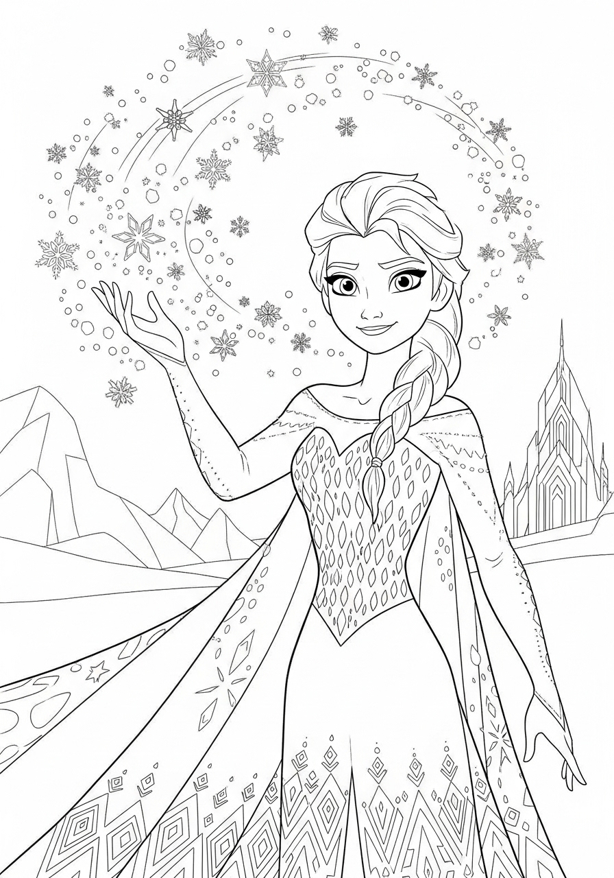 Desenho da Disney com a Elsa usando seus poderes para colorir