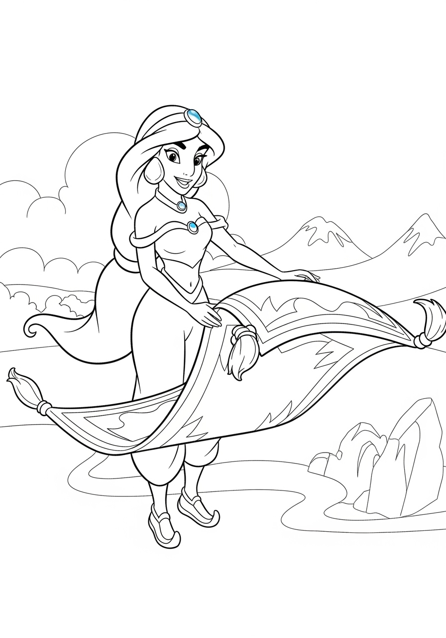 Desenho da Disney com a Jasmine e um tapete mágico para colorir