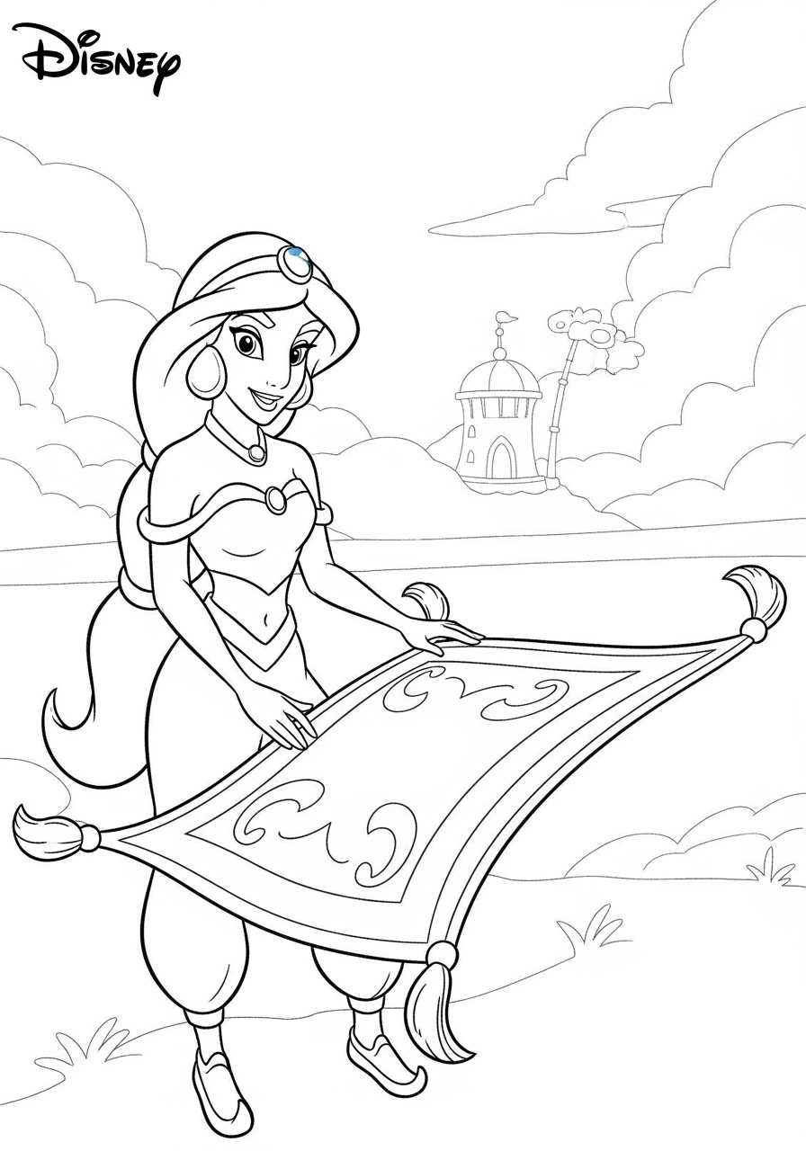 Desenho da Disney com a Jasmine e um tapete mágico para colorir