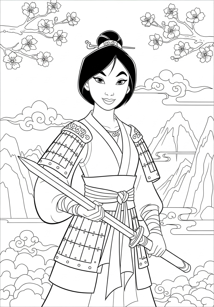 Desenho da Disney da Mulan pronta para colorir
