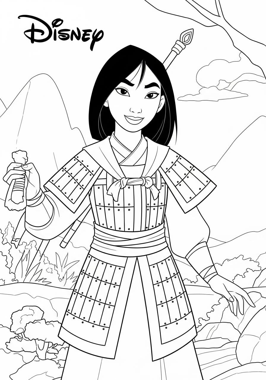 Desenho da Disney da Mulan pronta para colorir