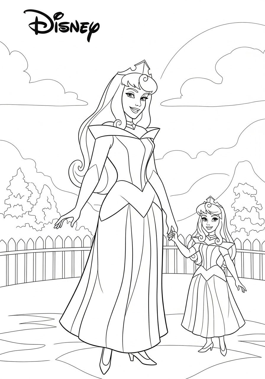 Desenho da Disney com a Aurora e a filha para colorir
