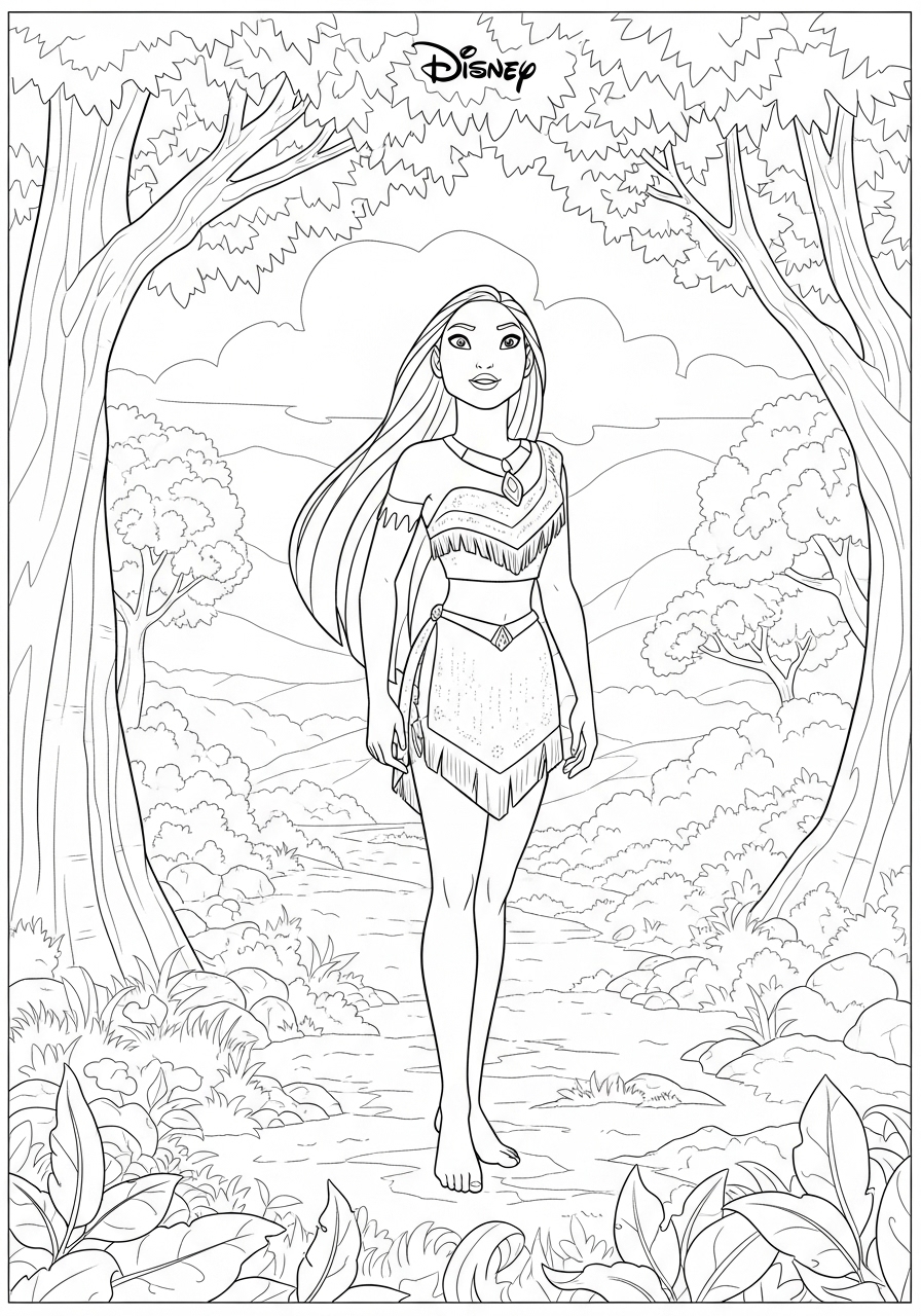 Desenho da Disney com a Pocahontas em um cenário natural