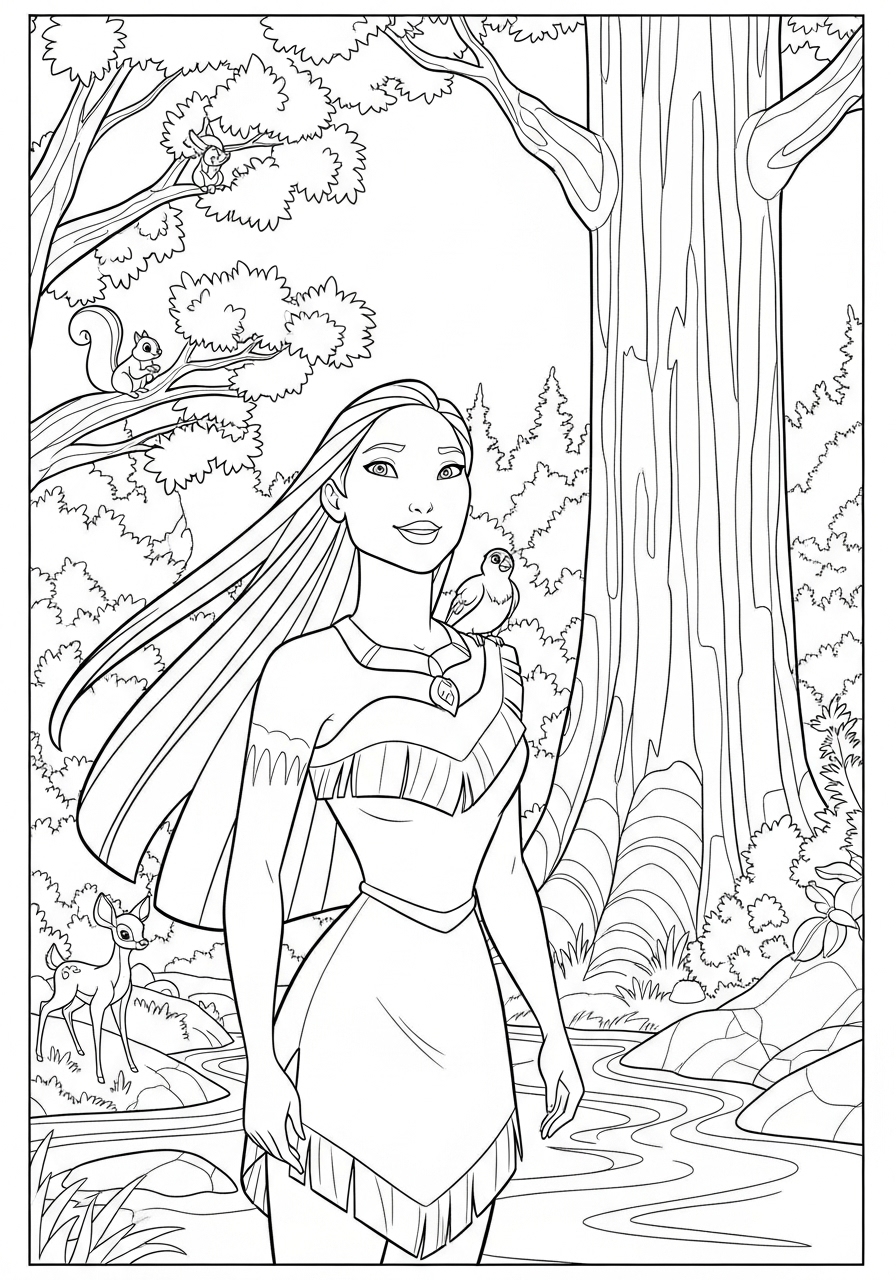 Desenho da Disney com a Pocahontas em ambiente natural