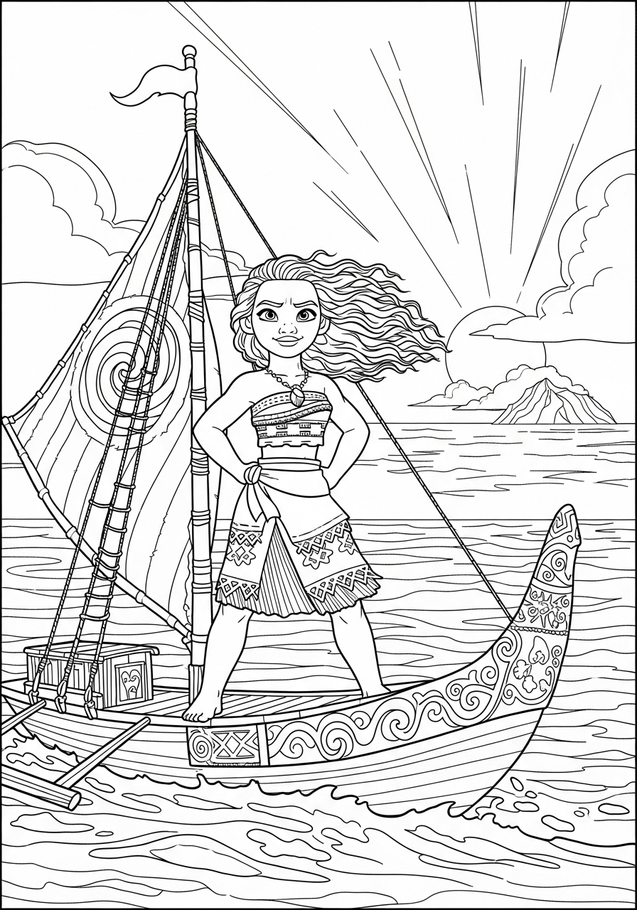Desenho da Disney com Moana navegando em um barco para colorir