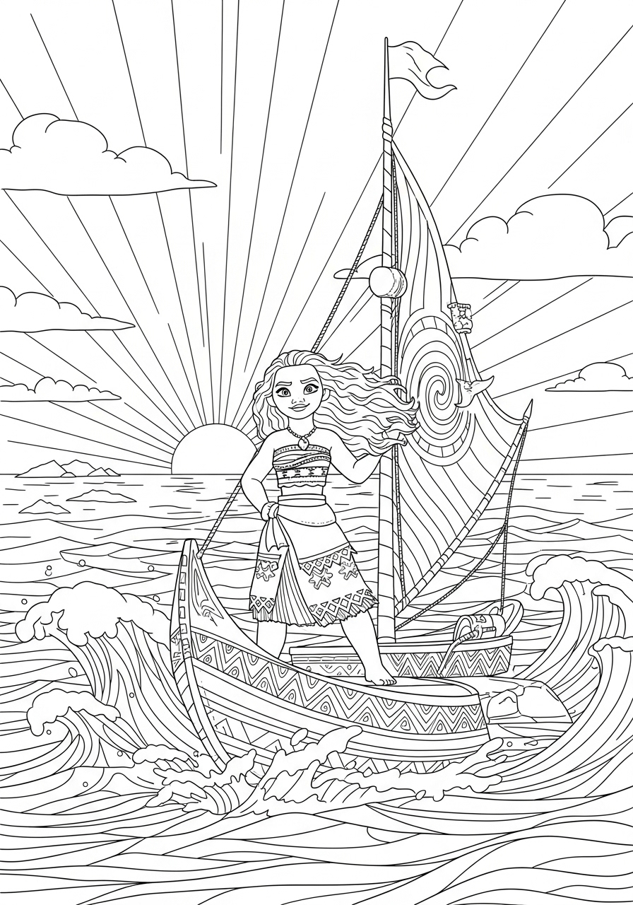 Desenho da Disney com a Moana navegando em um barco para colorir