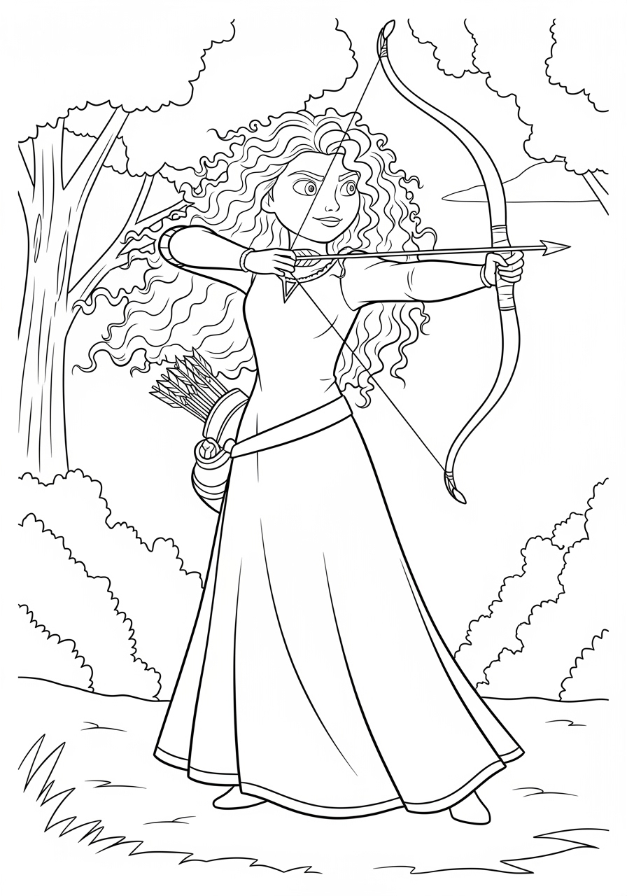 Desenho da Disney da Merida com arco e flecha para colorir