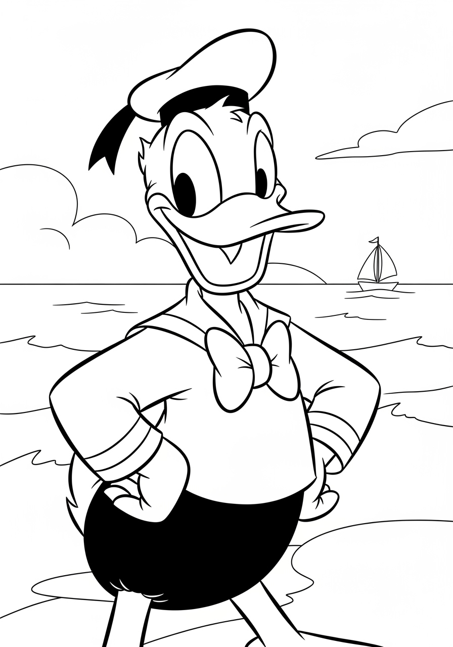 Desenho da Disney com o Pato Donald na praia para colorir