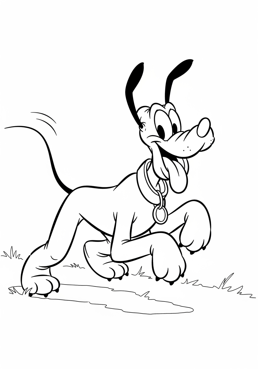 Desenho da Disney com o Pluto feliz correndo para colorir